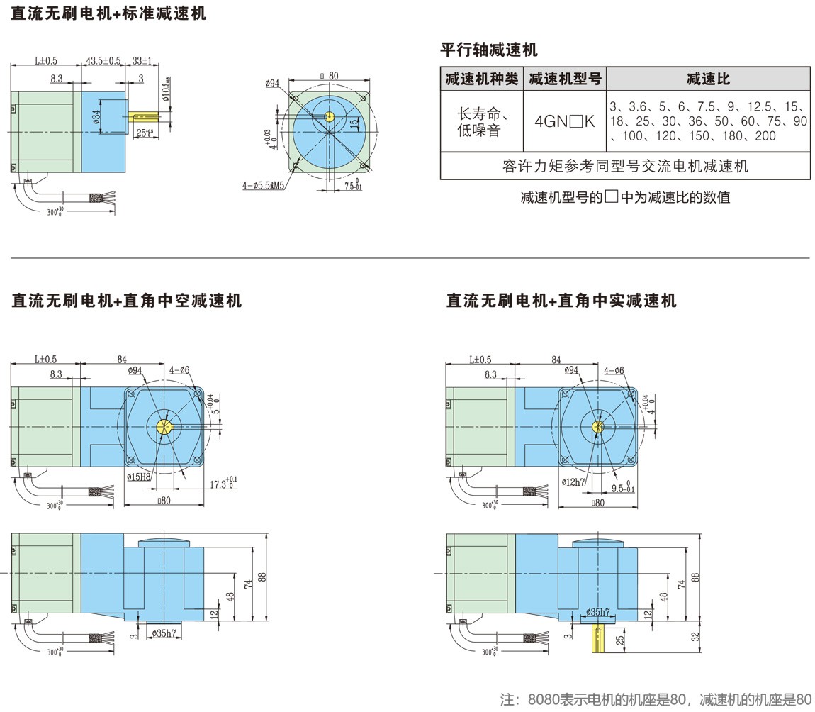 8080系列直流無刷減速電機(jī)尺寸圖