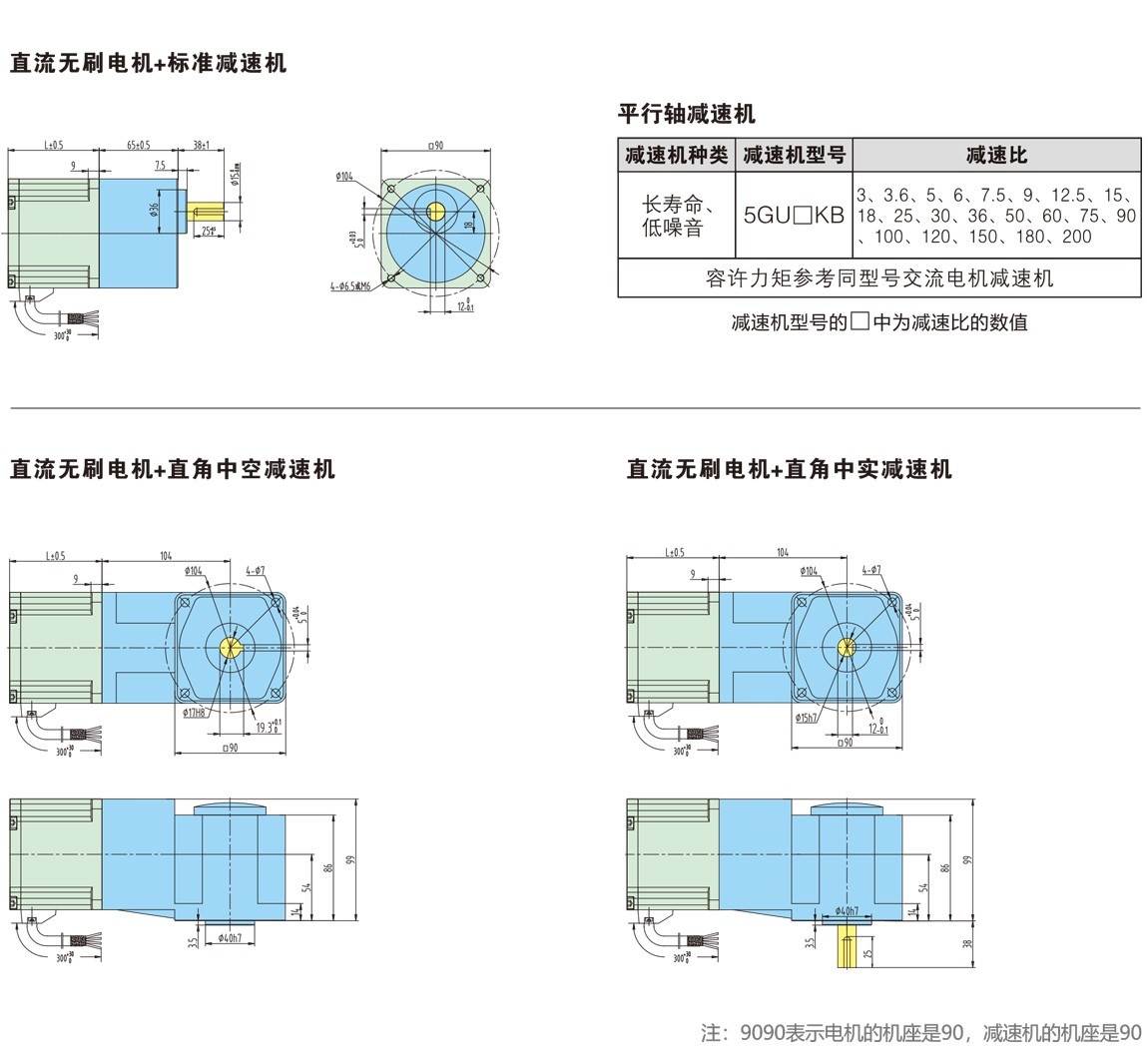 9090系列直流無刷減速電機(jī)尺寸圖